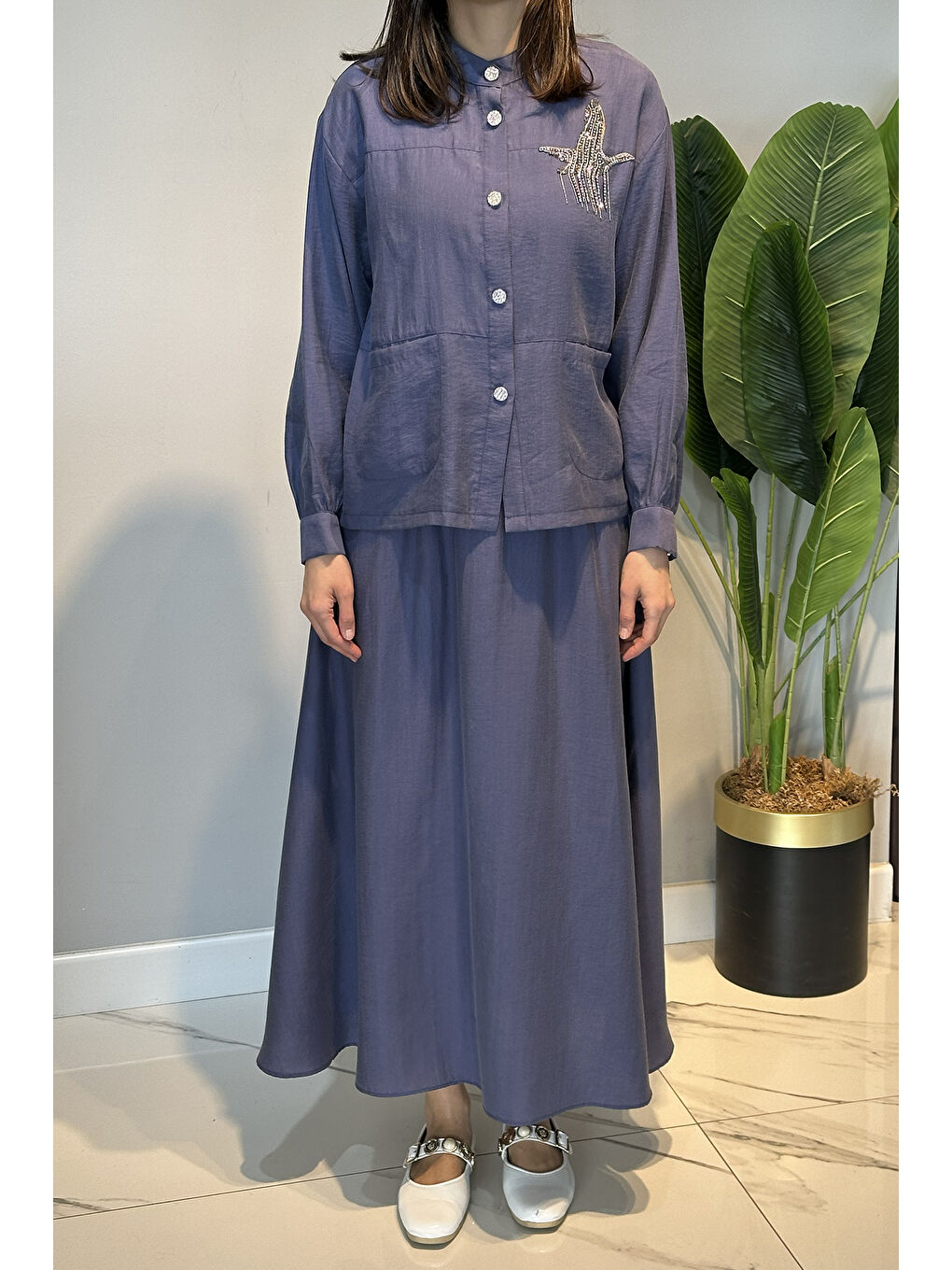 Taş İşlemeli Gömlek Çan Etek Takım 4443 İndigo-4