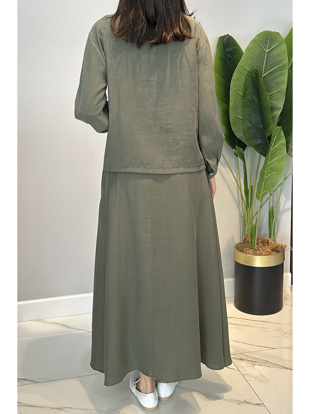 Taş İşlemeli Gömlek Çan Etek Takım 4443 Haki-3