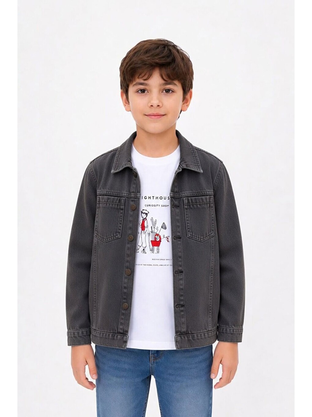 Siyah Baskılı Tişörtlü Erkek Çocuk Jean Gömlek Takımı 24161