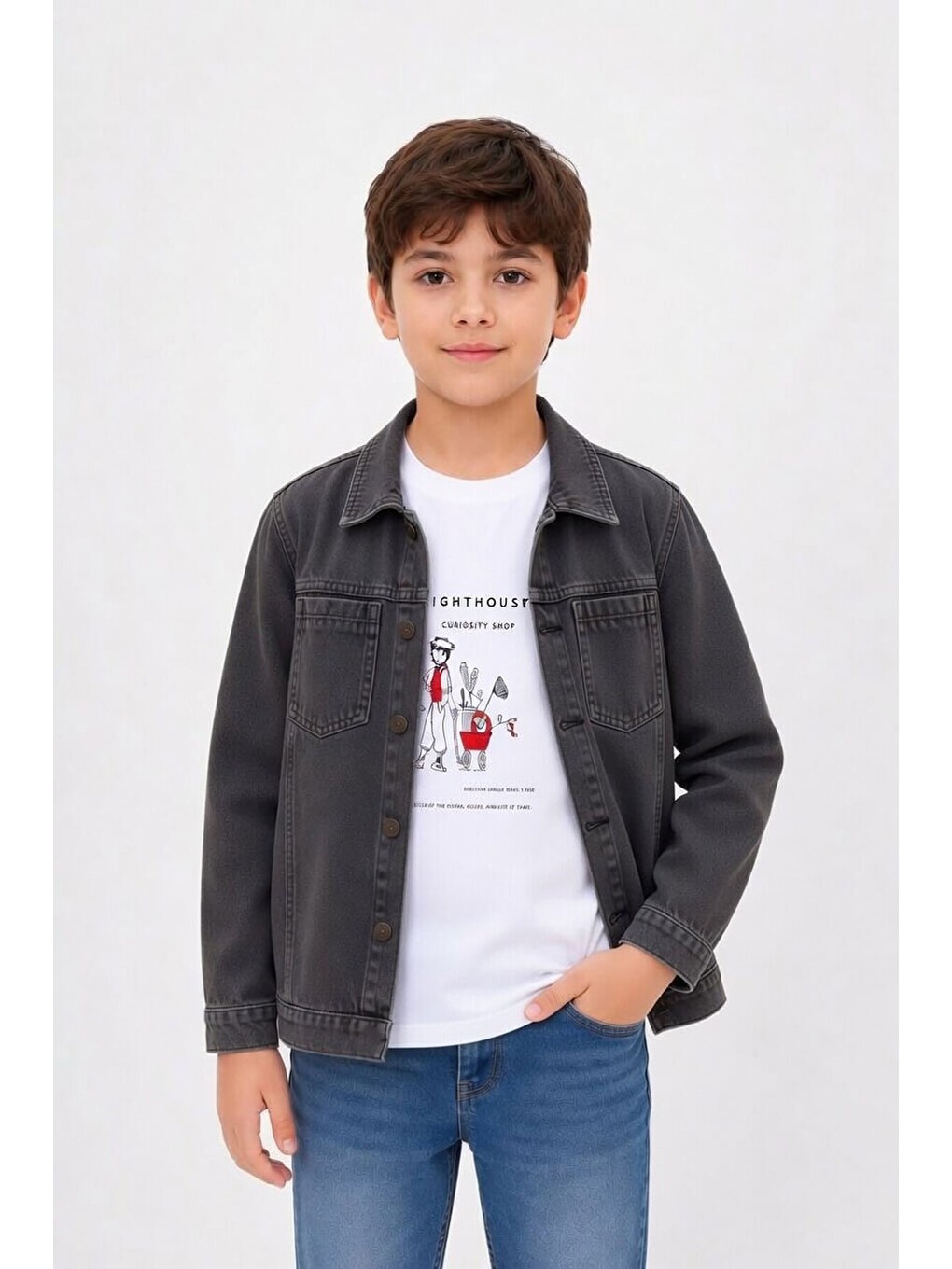 Siyah Baskılı Tişörtlü Erkek Çocuk Jean Gömlek Takımı 24161-1