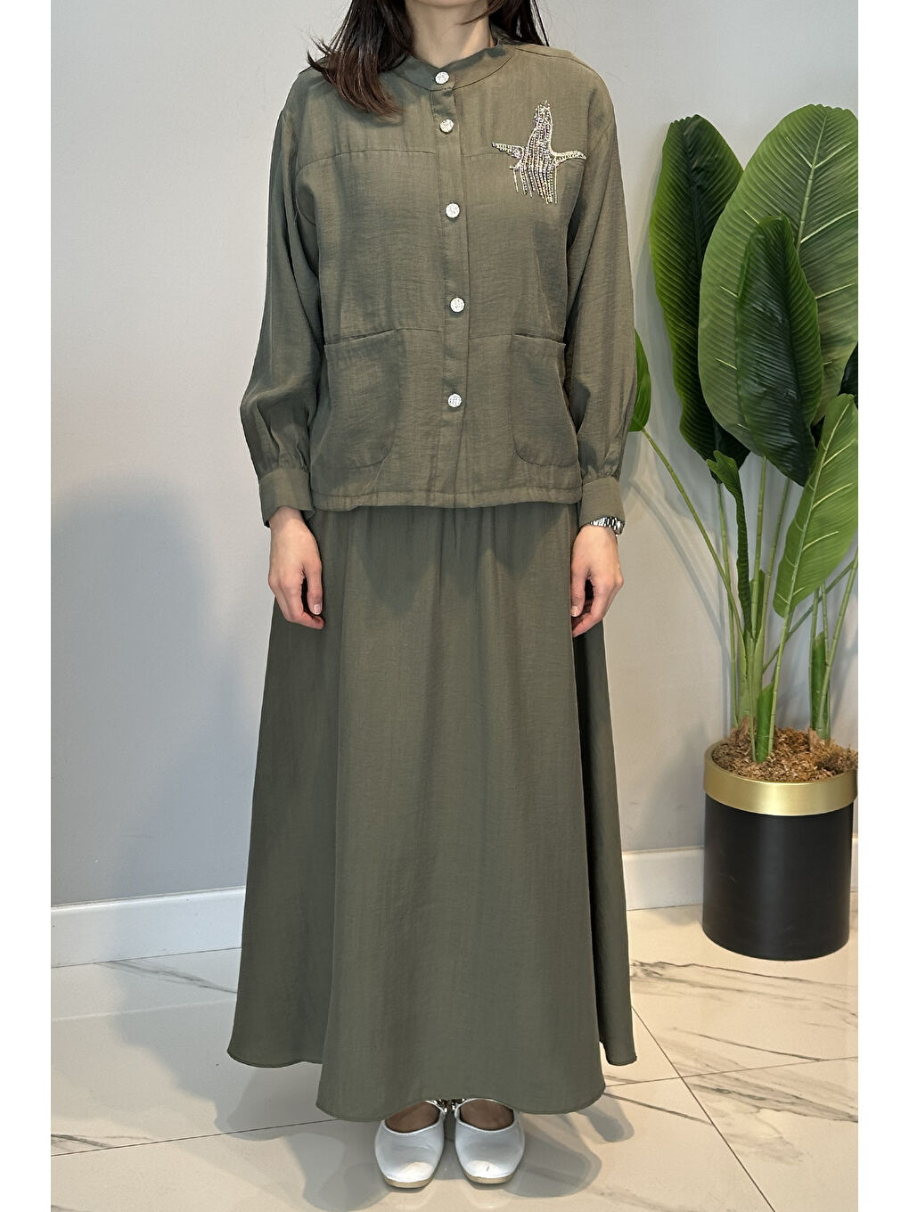 Taş İşlemeli Gömlek Çan Etek Takım 4443 Haki-4