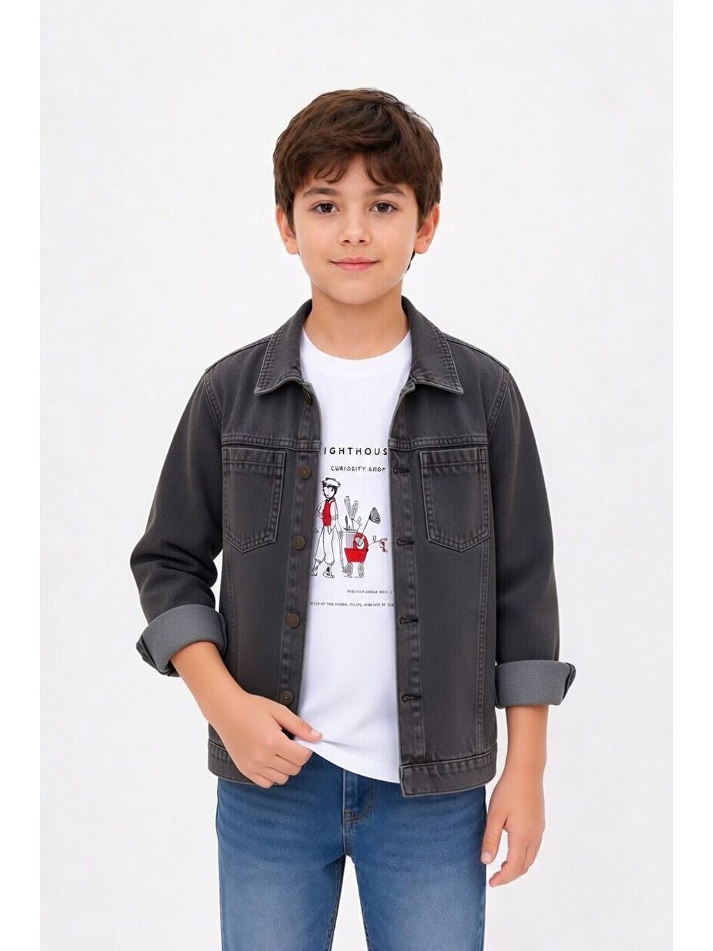 Siyah Baskılı Tişörtlü Erkek Çocuk Jean Gömlek Takımı 24161-3