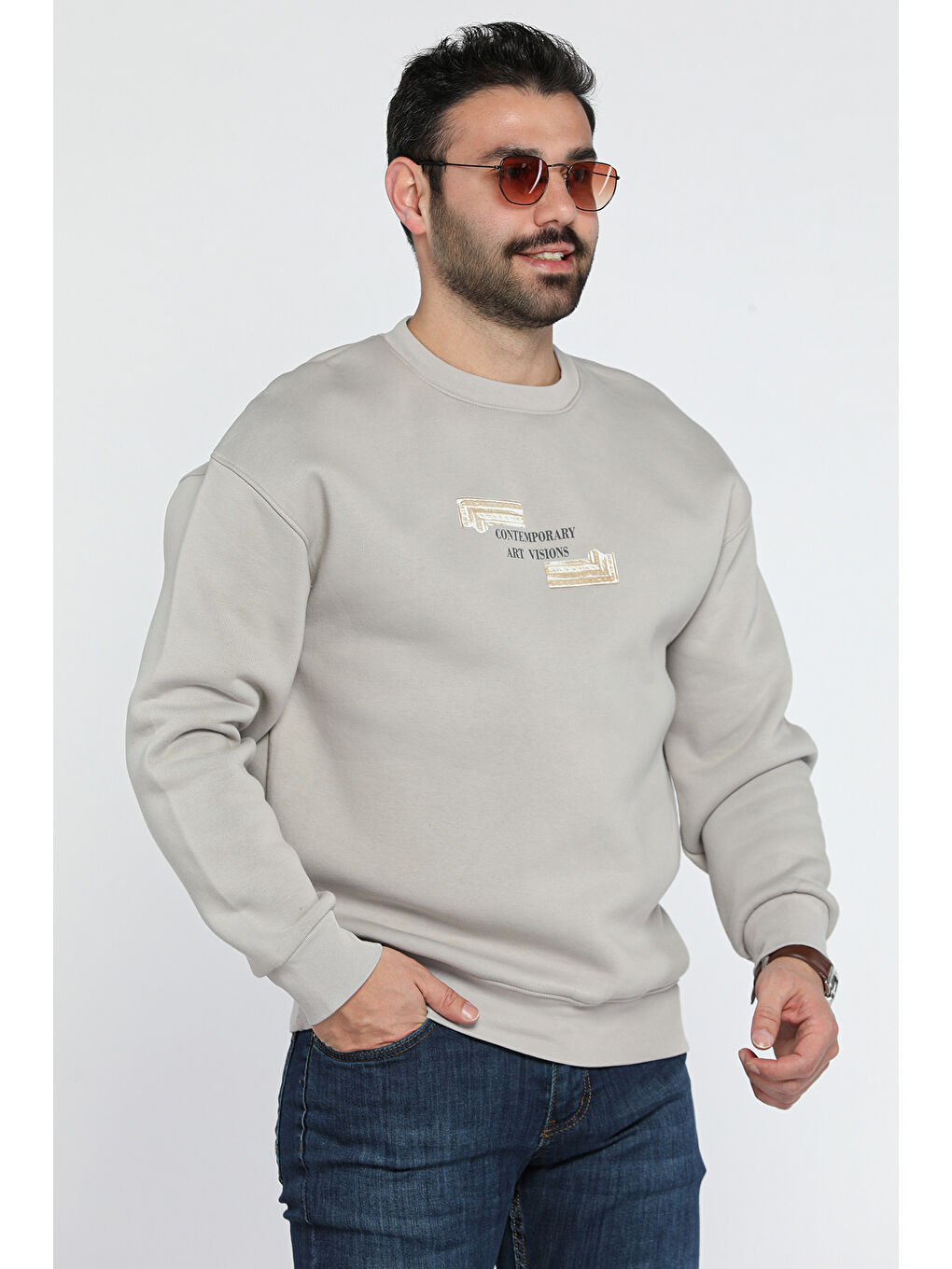 Mishar İtalia Gri Erkek Bisiklet Yaka Baskılı Üç İplik Şardonlu Sweatshirt