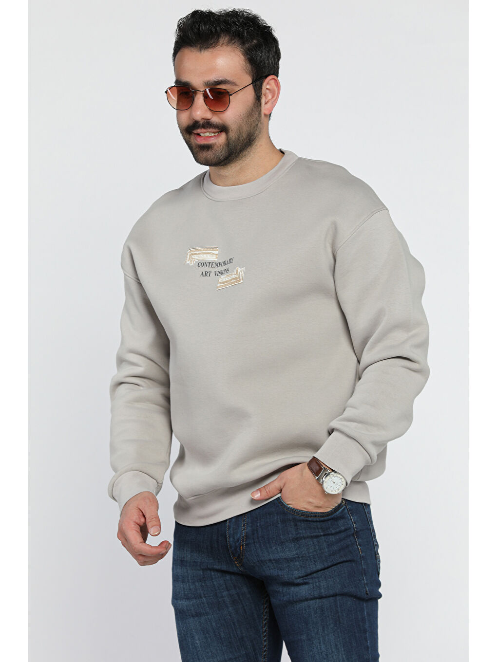 Mishar İtalia Gri Erkek Bisiklet Yaka Baskılı Üç İplik Şardonlu Sweatshirt - 1