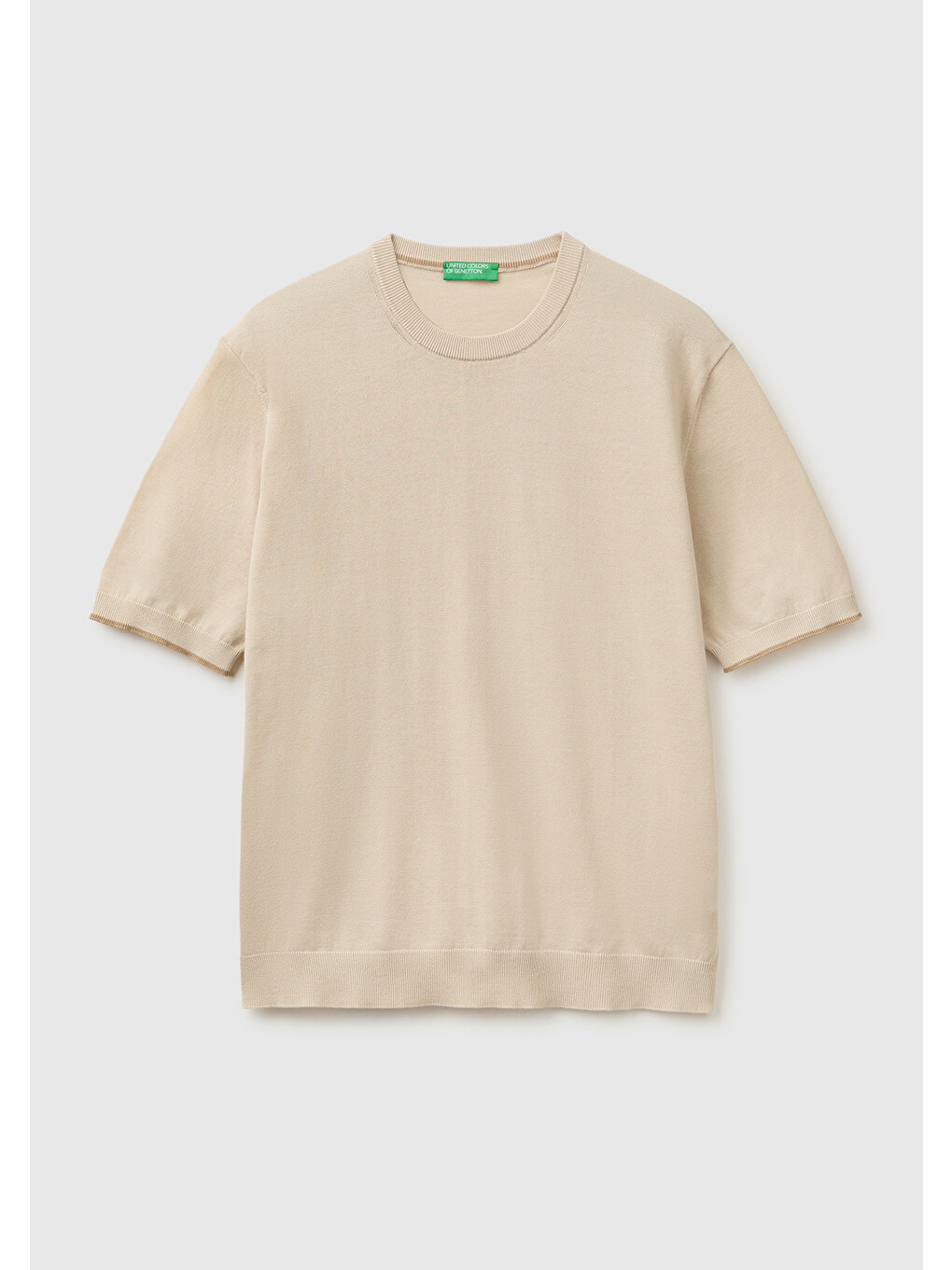 Bej Erkek Taş %100 Pamuk Ribanalı Kontrast Detaylı  Triko T-Shirt