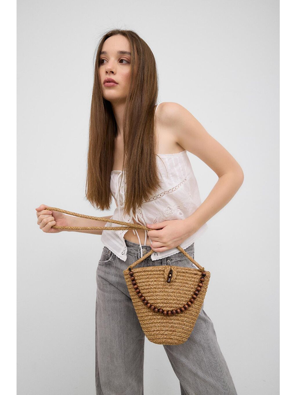 Bej Piccolo Handmade Boncuk Detaylı Hasır Çanta Vizon-1