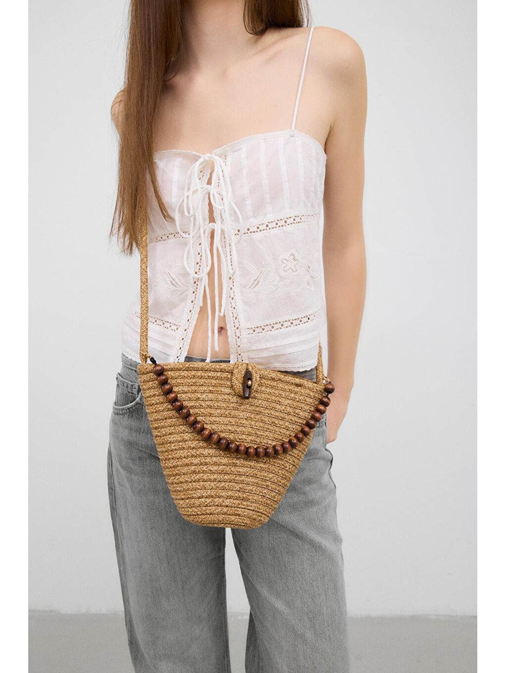 Bej Piccolo Handmade Boncuk Detaylı Hasır Çanta Vizon-2