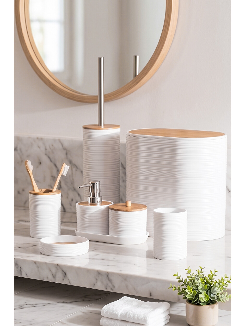 4531 8 Parça Akrilik Banyo Seti Bambu Kapaklı Çöp Kovası Ve Wc Fırçası Beyaz-1