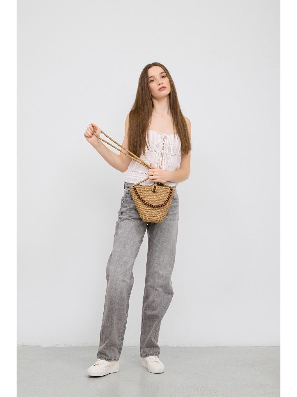 Bej Piccolo Handmade Boncuk Detaylı Hasır Çanta Vizon-3