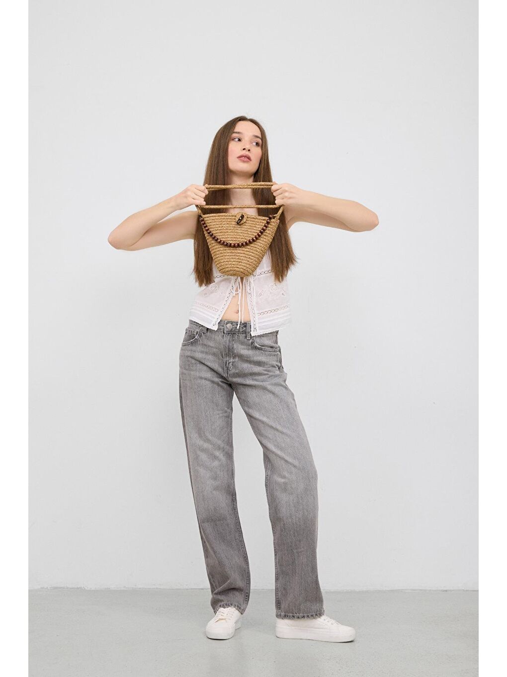 Bej Piccolo Handmade Boncuk Detaylı Hasır Çanta Vizon-4