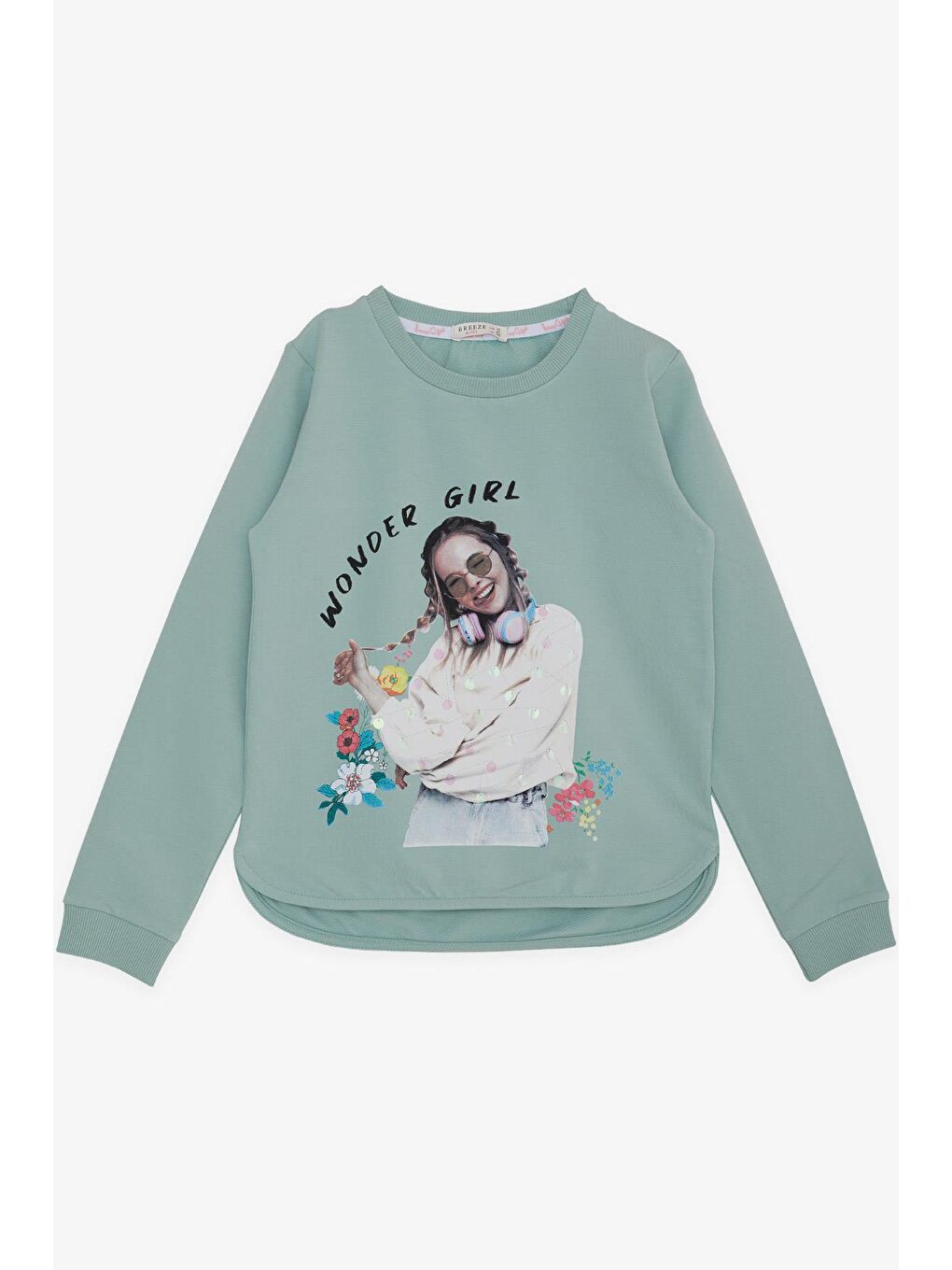 Turkuaz Kız Çocuk Sweatshirt Harika Kız Yazı Baskılı Çiçekli Su Yeşili (9-10 Yaş)