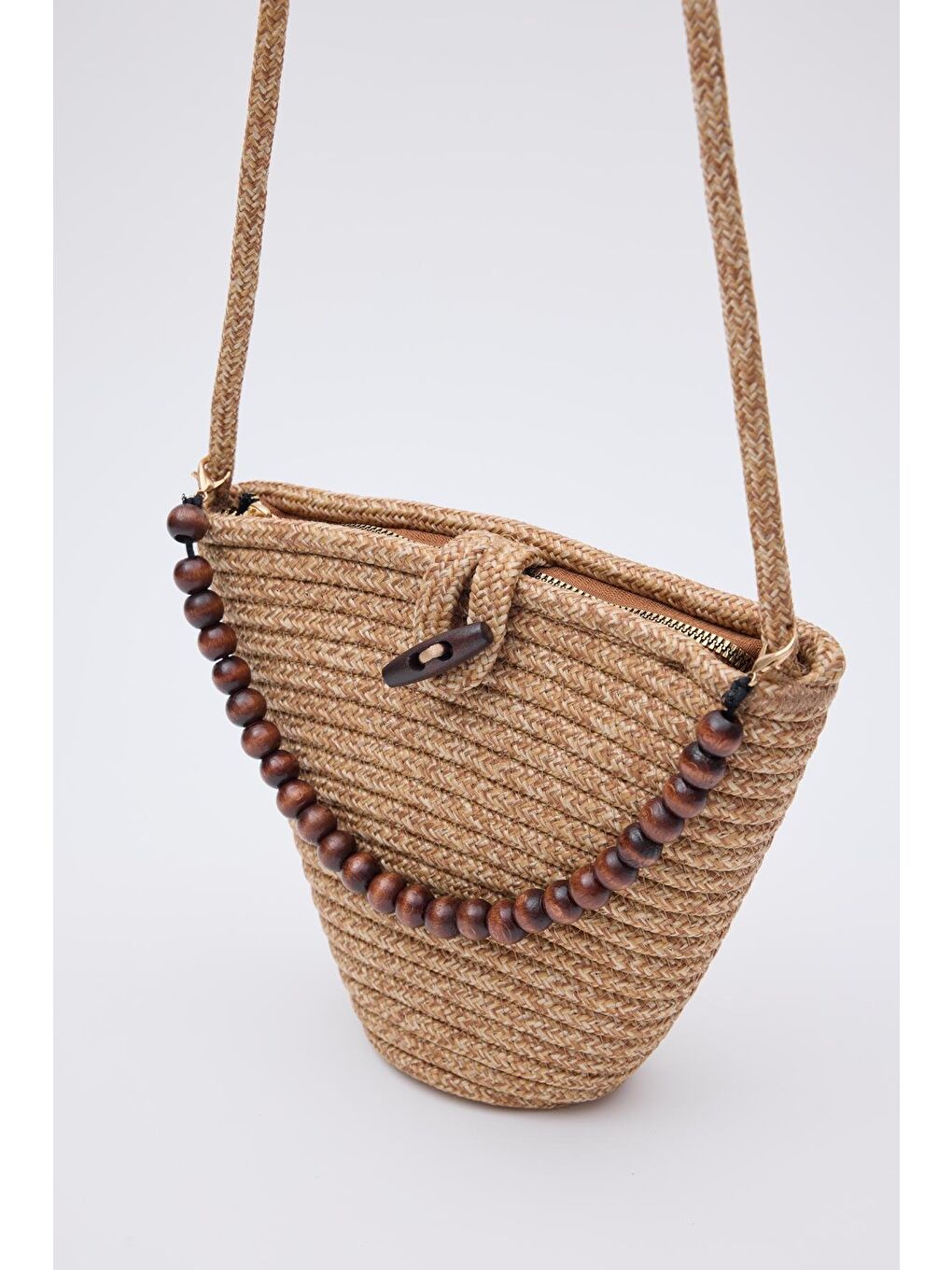 Bej Piccolo Handmade Boncuk Detaylı Hasır Çanta Vizon-6