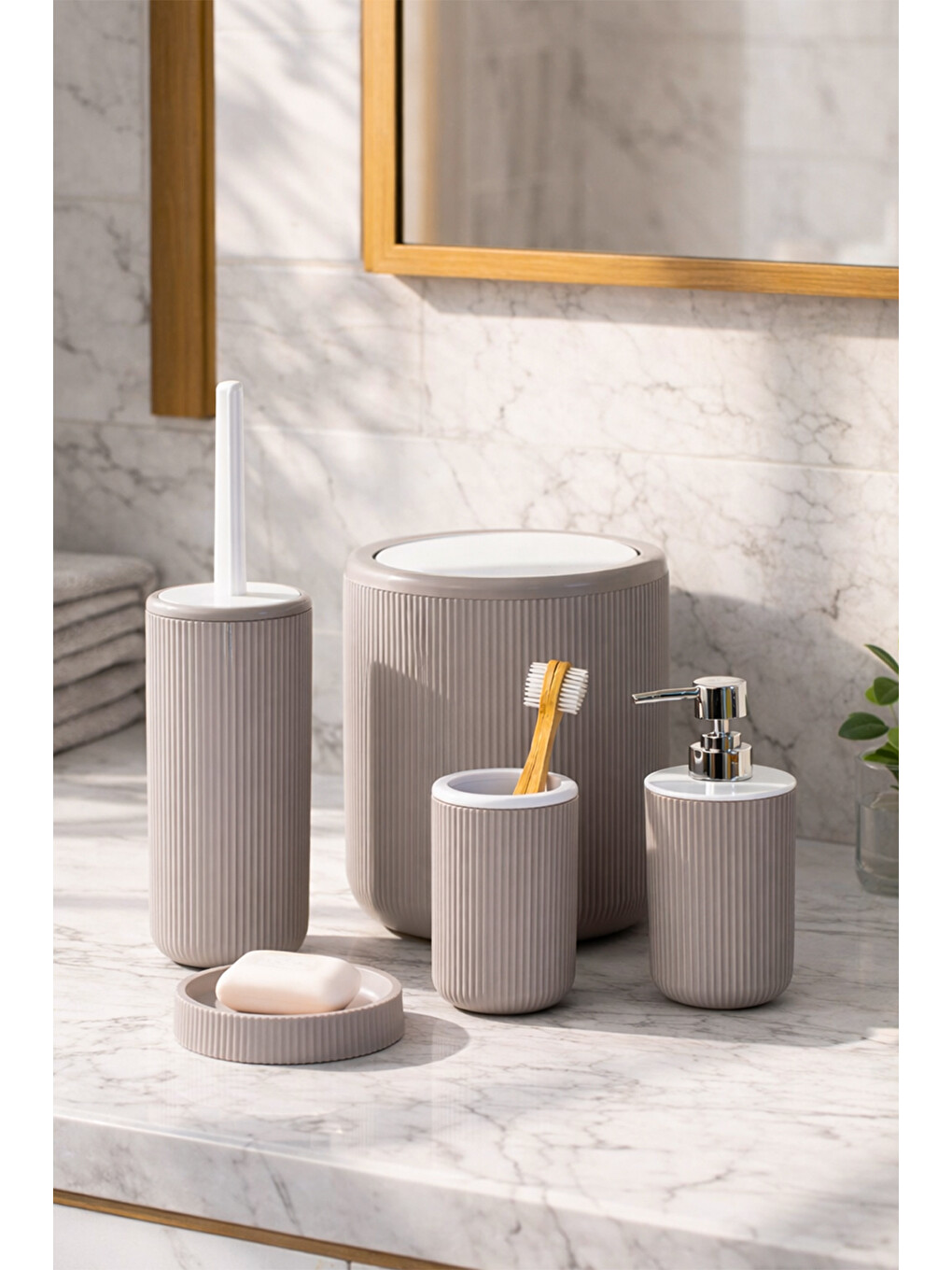 Ekru 5 Parça Yuvarlak Banyo Seti Çöp Kovası Ve Silikon Wc Fırçası Taupe-beyaz