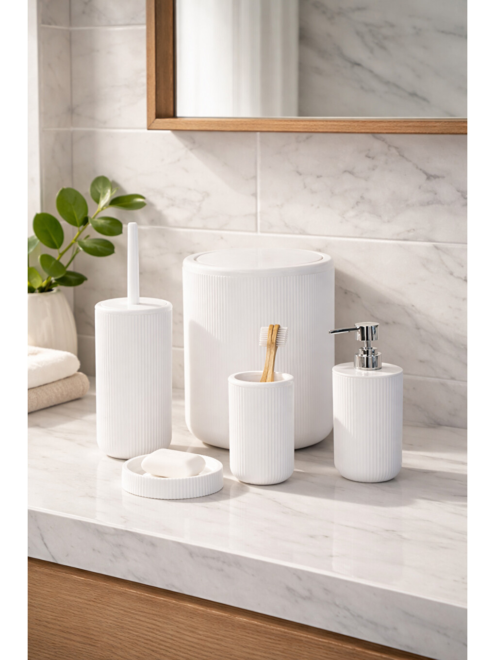5 Parça Yuvarlak Banyo Seti Çöp Kovası Ve Silikon Wc Fırçası Beyaz-1