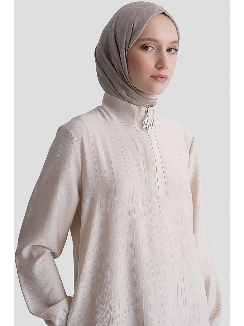 Fermuarlu Uzun Tunik Bej