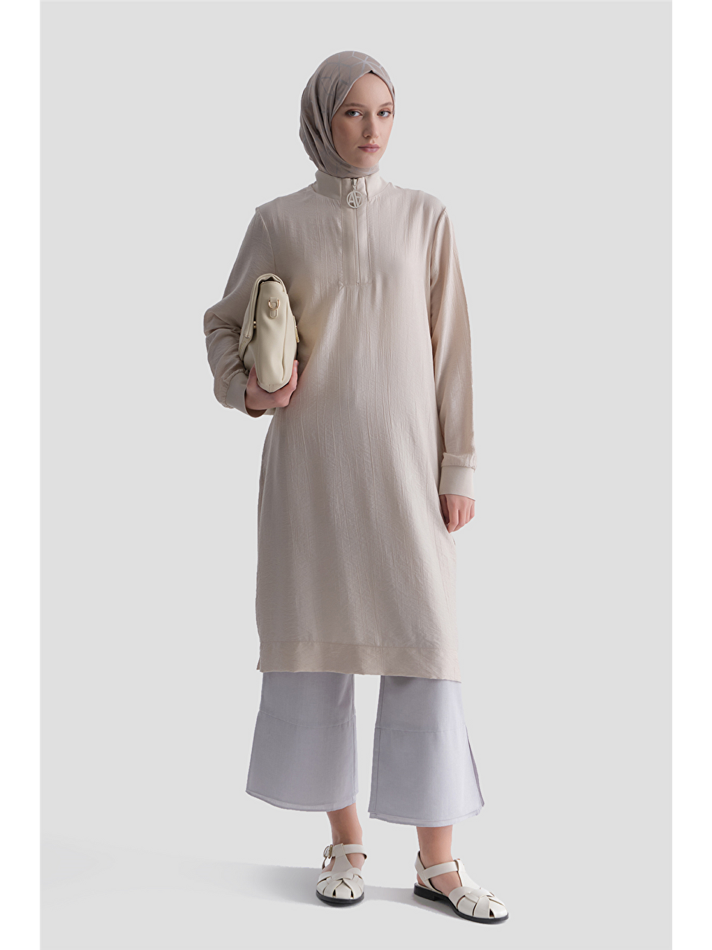 Fermuarlu Uzun Tunik Bej-2