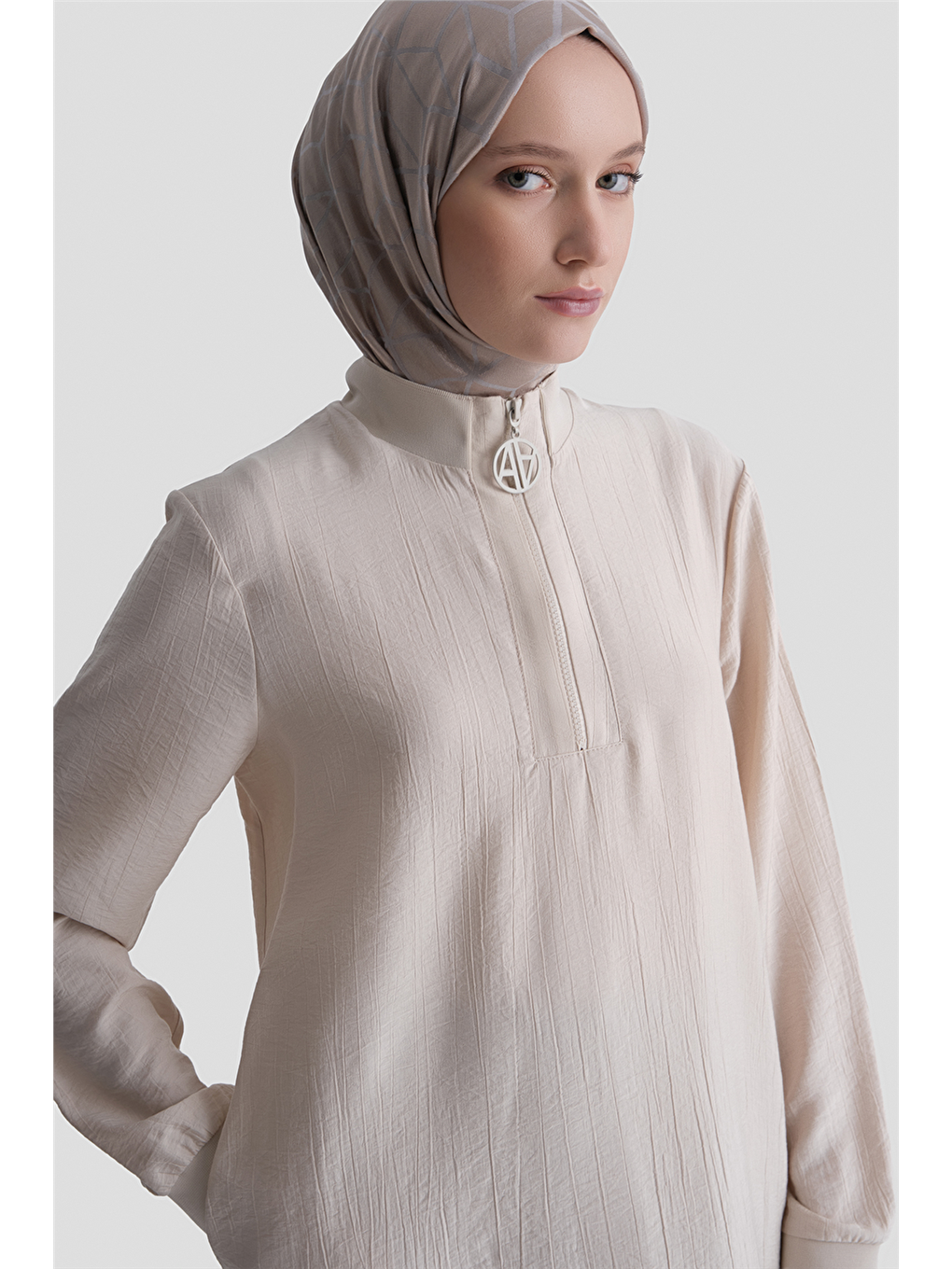 Fermuarlu Uzun Tunik Bej-3