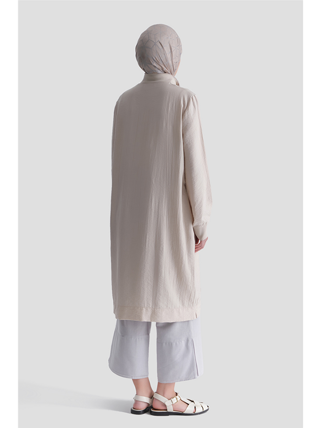 Fermuarlu Uzun Tunik Bej-4