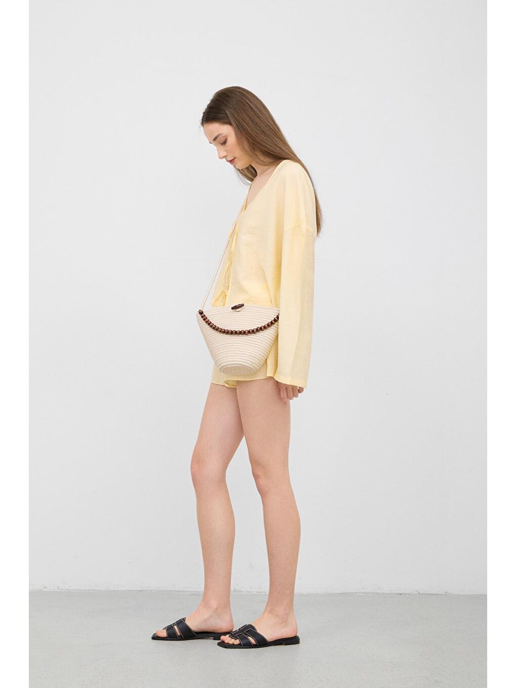 Ekru Piccolo Handmade Boncuk Detaylı Hasır Çanta Krem-2