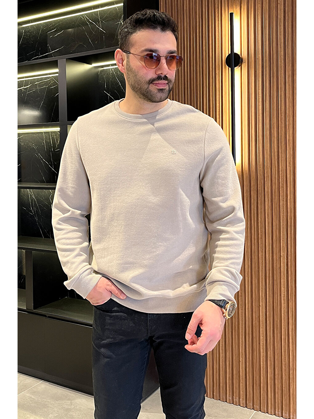 Mishar İtalia Bej Erkek Bisiklet Yaka Sweatshirt