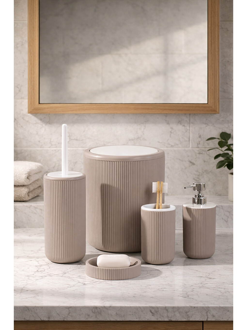 Ekru 5 Parça Yuvarlak Banyo Seti Çöp Kovası Ve Silikon Wc Fırçası Taupe-beyaz-1