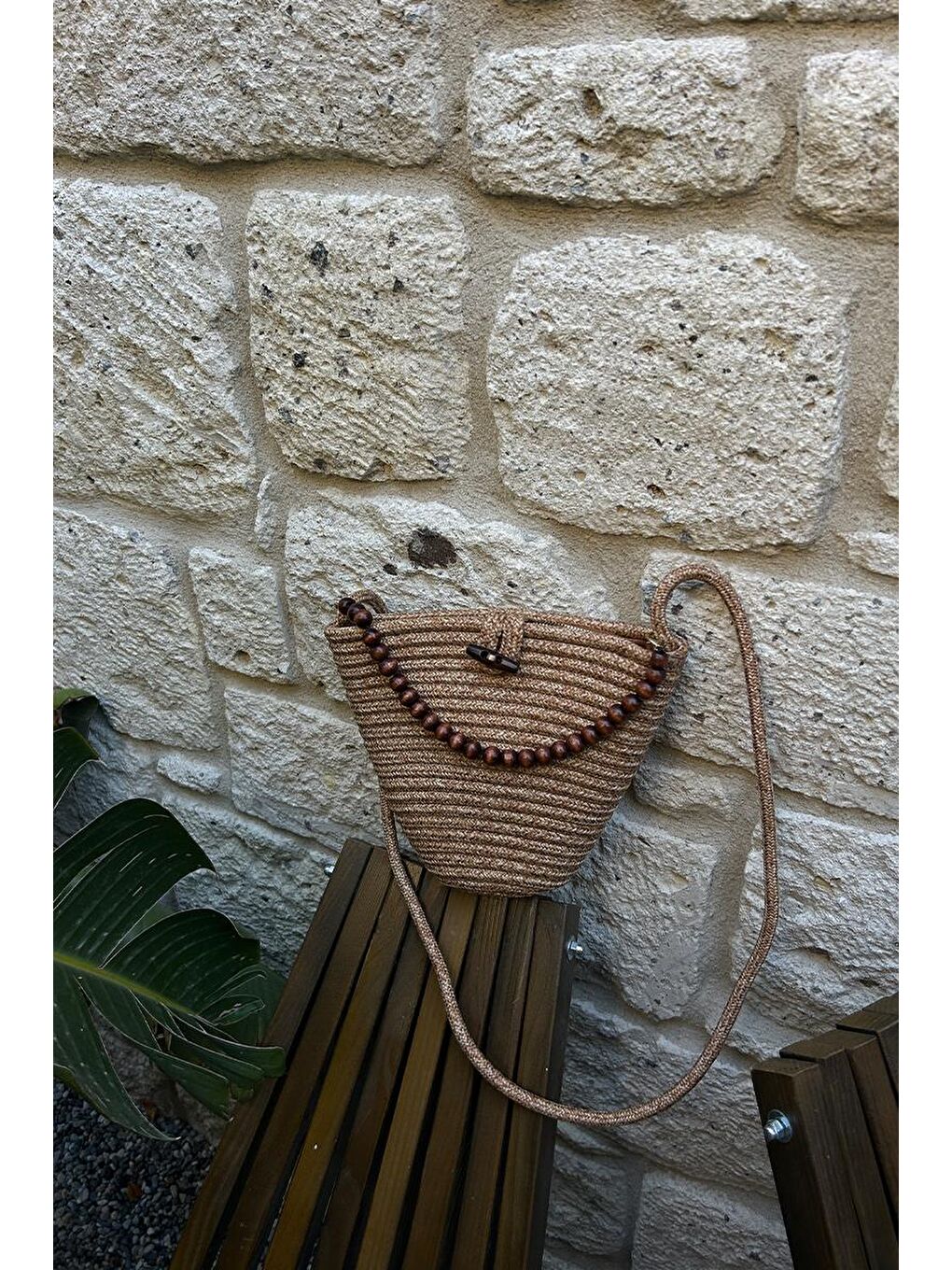 Bej Piccolo Handmade Boncuk Detaylı Hasır Çanta Vizon-9