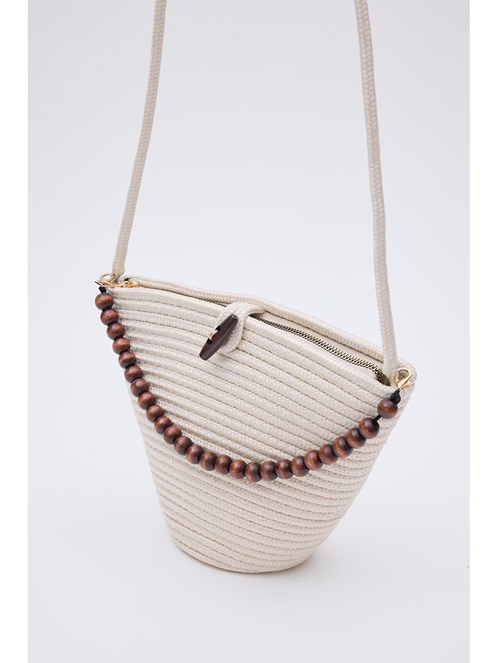 Ekru Piccolo Handmade Boncuk Detaylı Hasır Çanta Krem-5