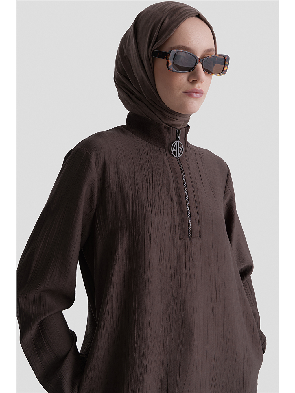 Fermuarlu Uzun Tunik Kahverengi