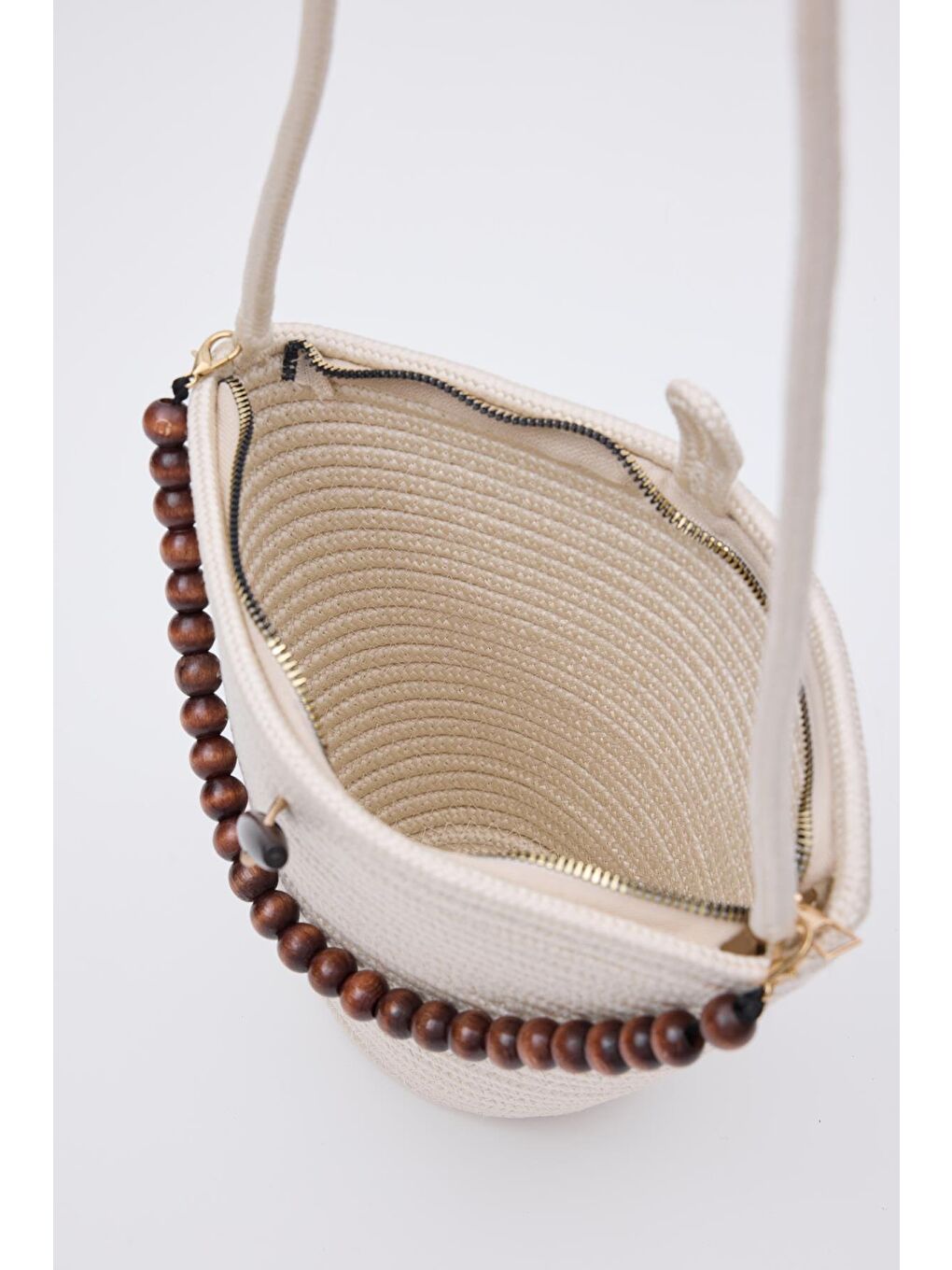 Ekru Piccolo Handmade Boncuk Detaylı Hasır Çanta Krem-6