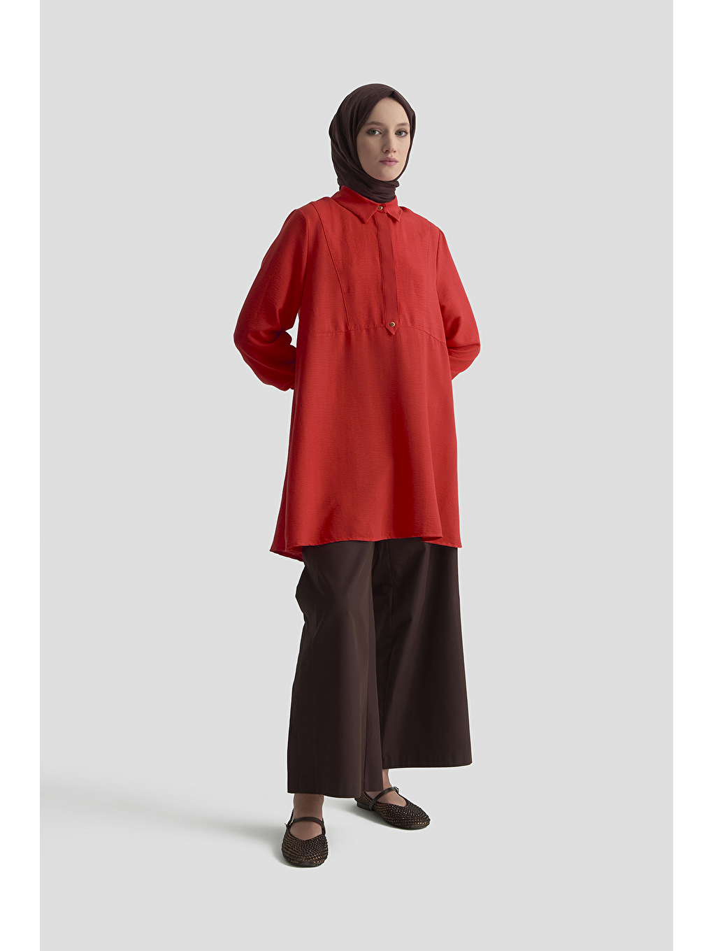 Kahverengi Etek Ucu Volanlı Tunik Kiremit-1