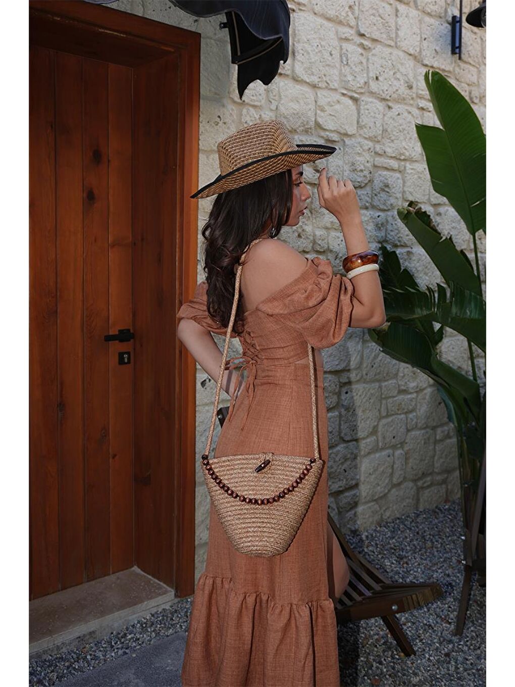 Bej Piccolo Handmade Boncuk Detaylı Hasır Çanta Vizon-10