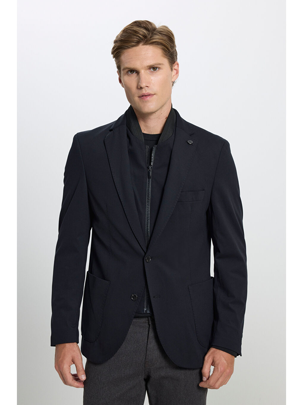 Erkek Siyah Slim Fit Dar Kesim Mono Yaka Cepli Ceket