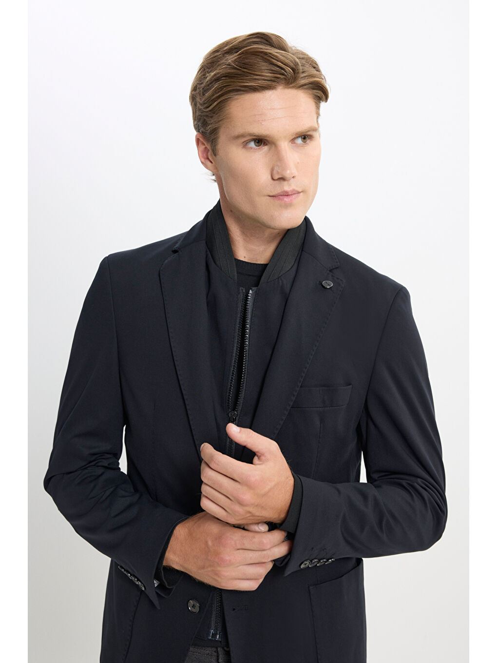 Erkek Siyah Slim Fit Dar Kesim Mono Yaka Cepli Ceket-2