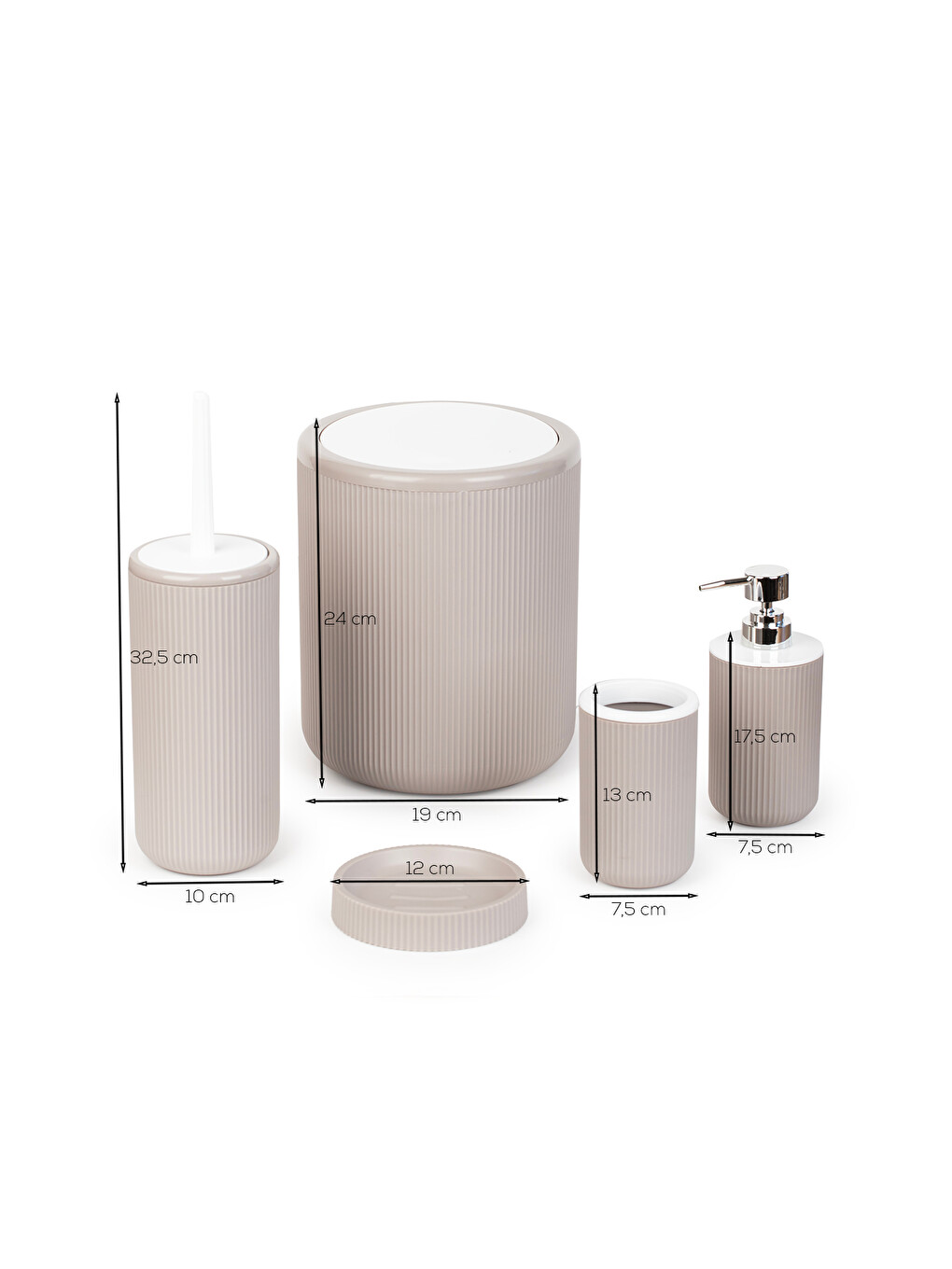 Ekru 5 Parça Yuvarlak Banyo Seti Çöp Kovası Ve Silikon Wc Fırçası Taupe-beyaz-2