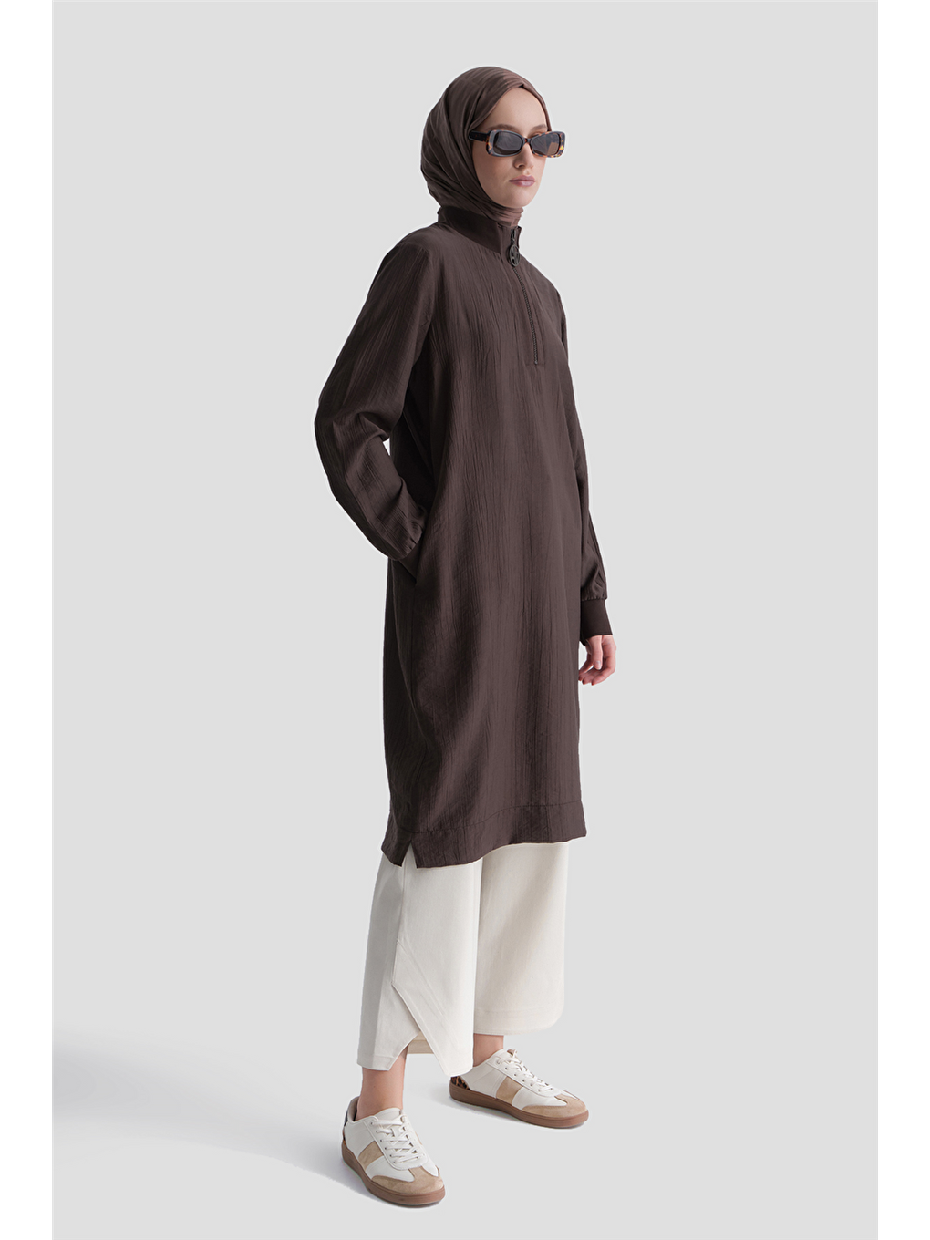 Fermuarlu Uzun Tunik Kahverengi-1