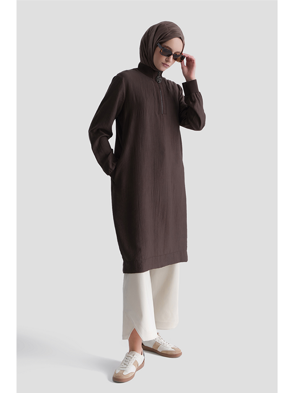 Fermuarlu Uzun Tunik Kahverengi-2