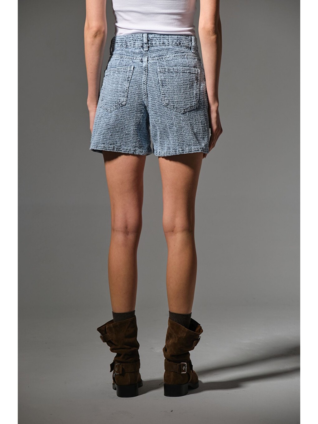 Mavi Kadın Punch Şort Yüksek Bel Fermuarlı Cut Bukle Efekt Crafted Denim Jean Kısa Rahat @Faenza-4