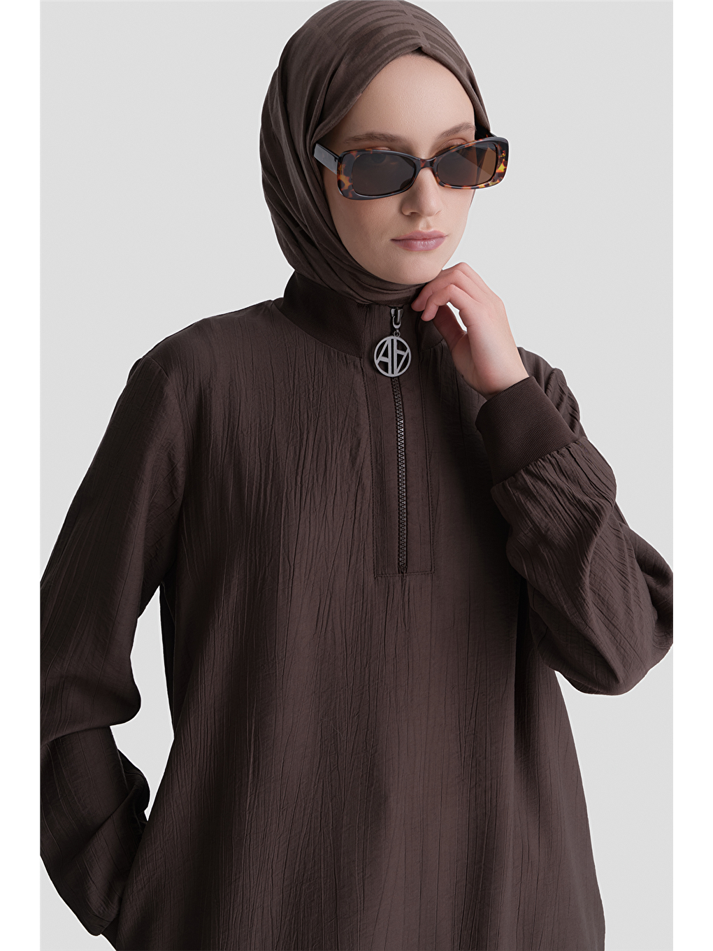 Fermuarlu Uzun Tunik Kahverengi-3