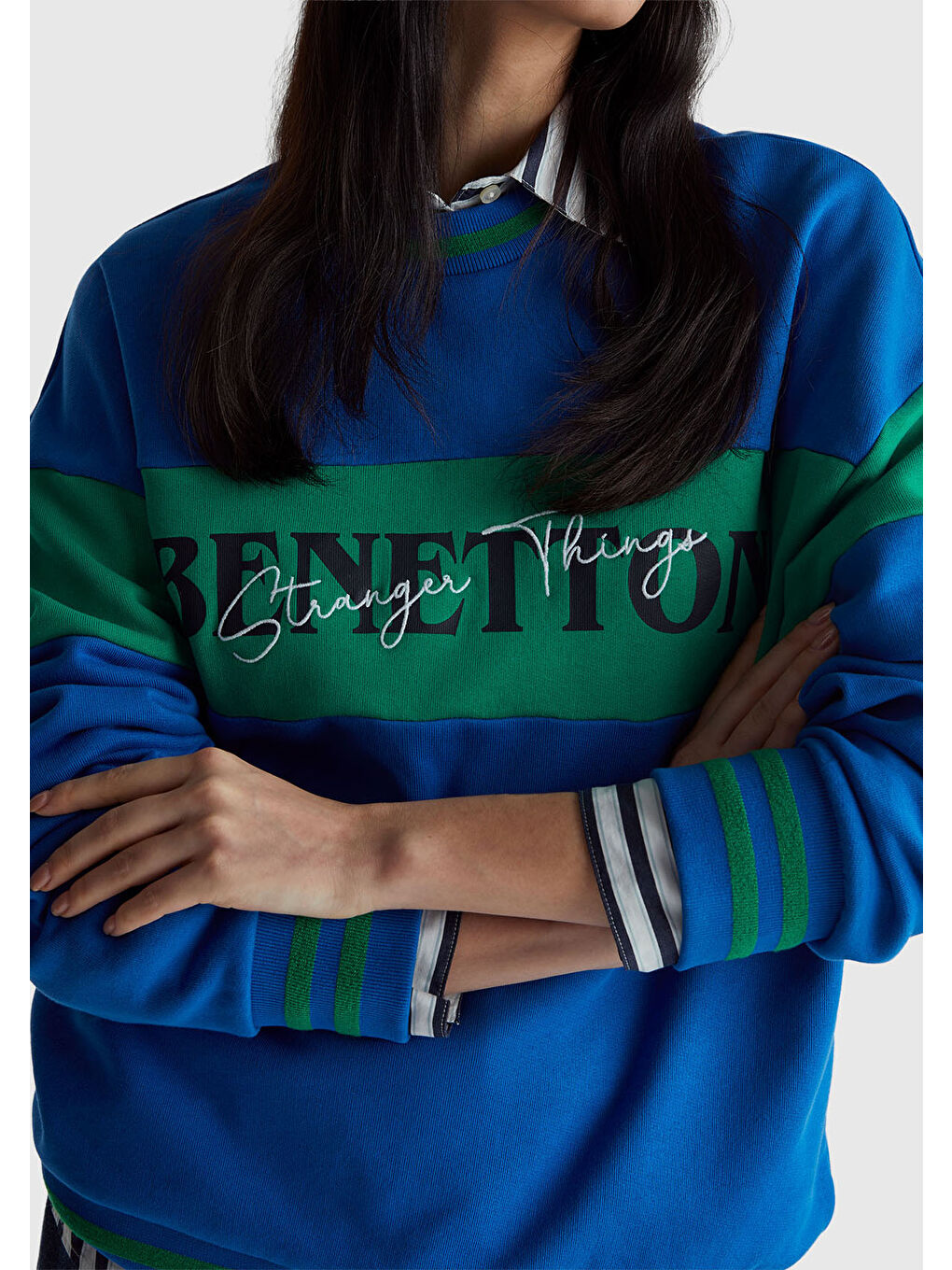 Unisex Mavi Stranger Things Renk Bloklu Sweatshirt-9