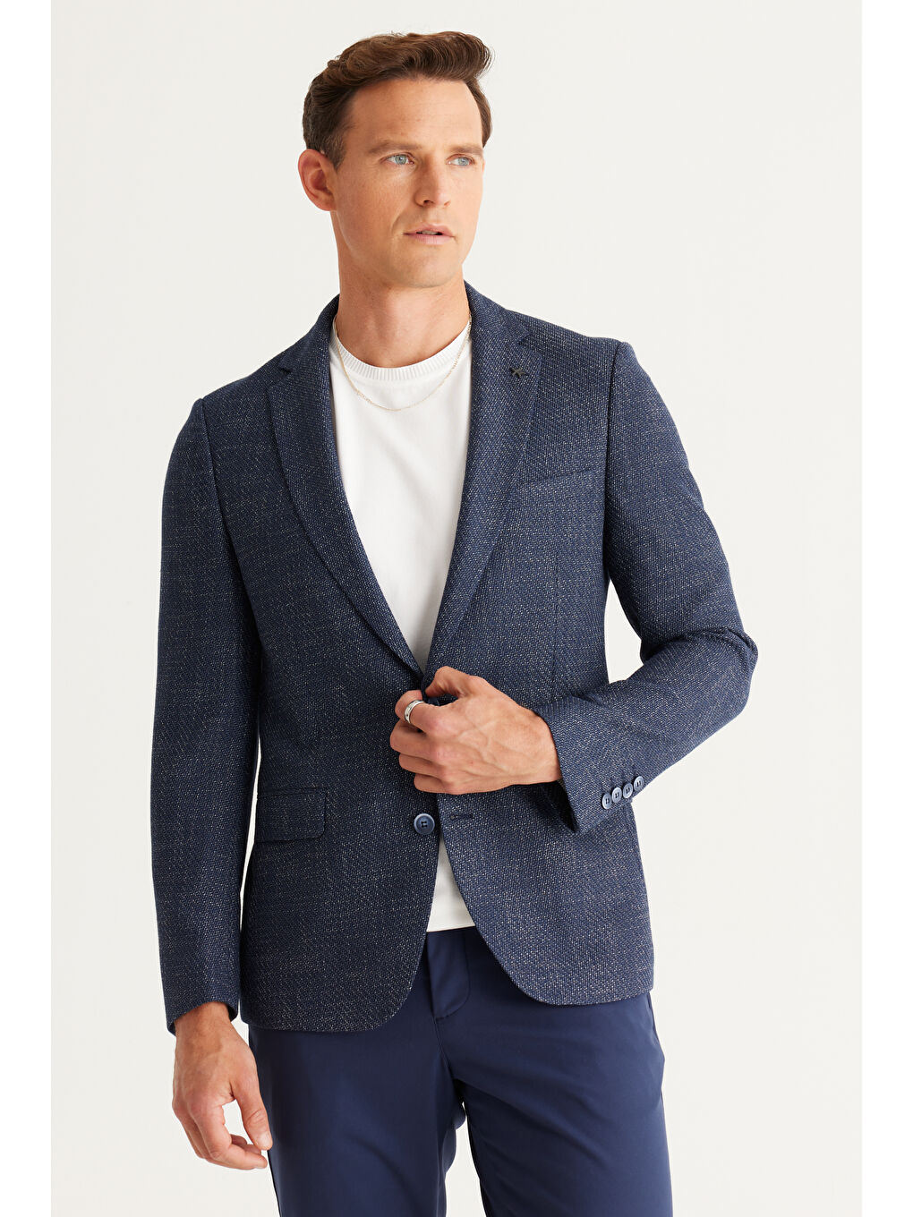 Erkek Lacivert-Beyaz Slim Fit Dar Kesim Mono Yaka Desenli Ceket