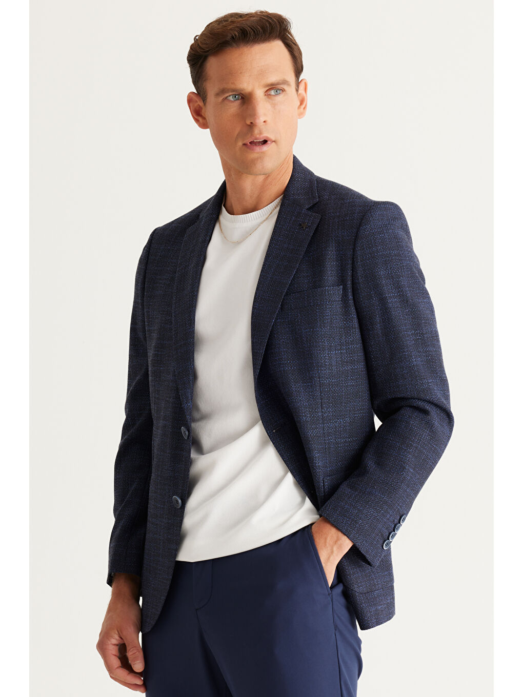 Erkek Lacivert Comfort Fit Rahat Kesim Mono Yaka Desenli Ceket-1