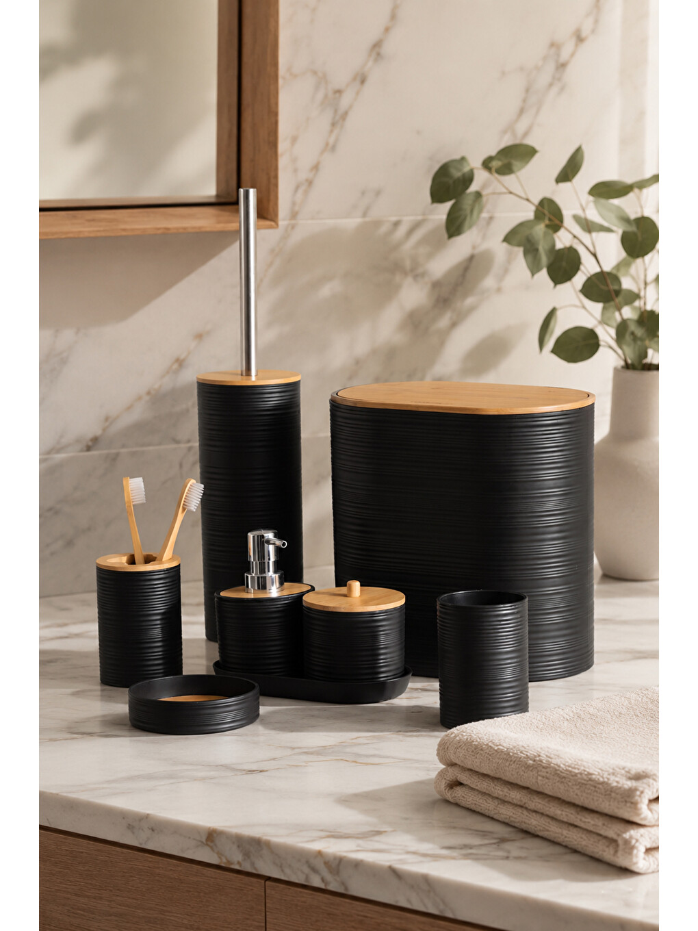 4530 8 Parça Akrilik Banyo Seti Bambu Kapaklı Çöp Kovası Ve Wc Fırçası Siyah-1