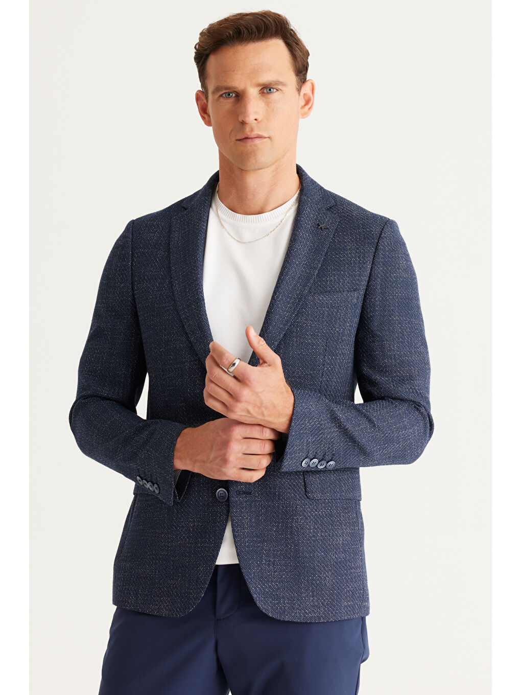 Erkek Lacivert-Beyaz Slim Fit Dar Kesim Mono Yaka Desenli Ceket-1