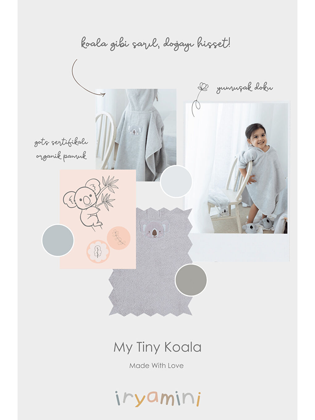 Tiny Koala Organik Pamuk Nakışlı Çocuk Panço Gri-1