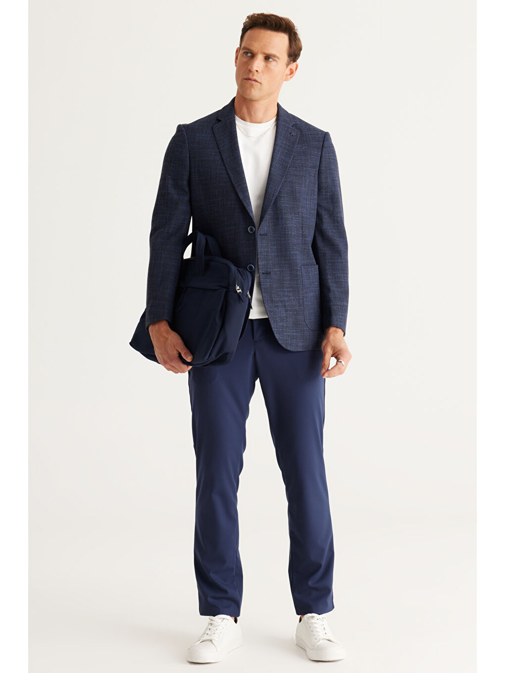 Erkek Lacivert Comfort Fit Rahat Kesim Mono Yaka Desenli Ceket-3