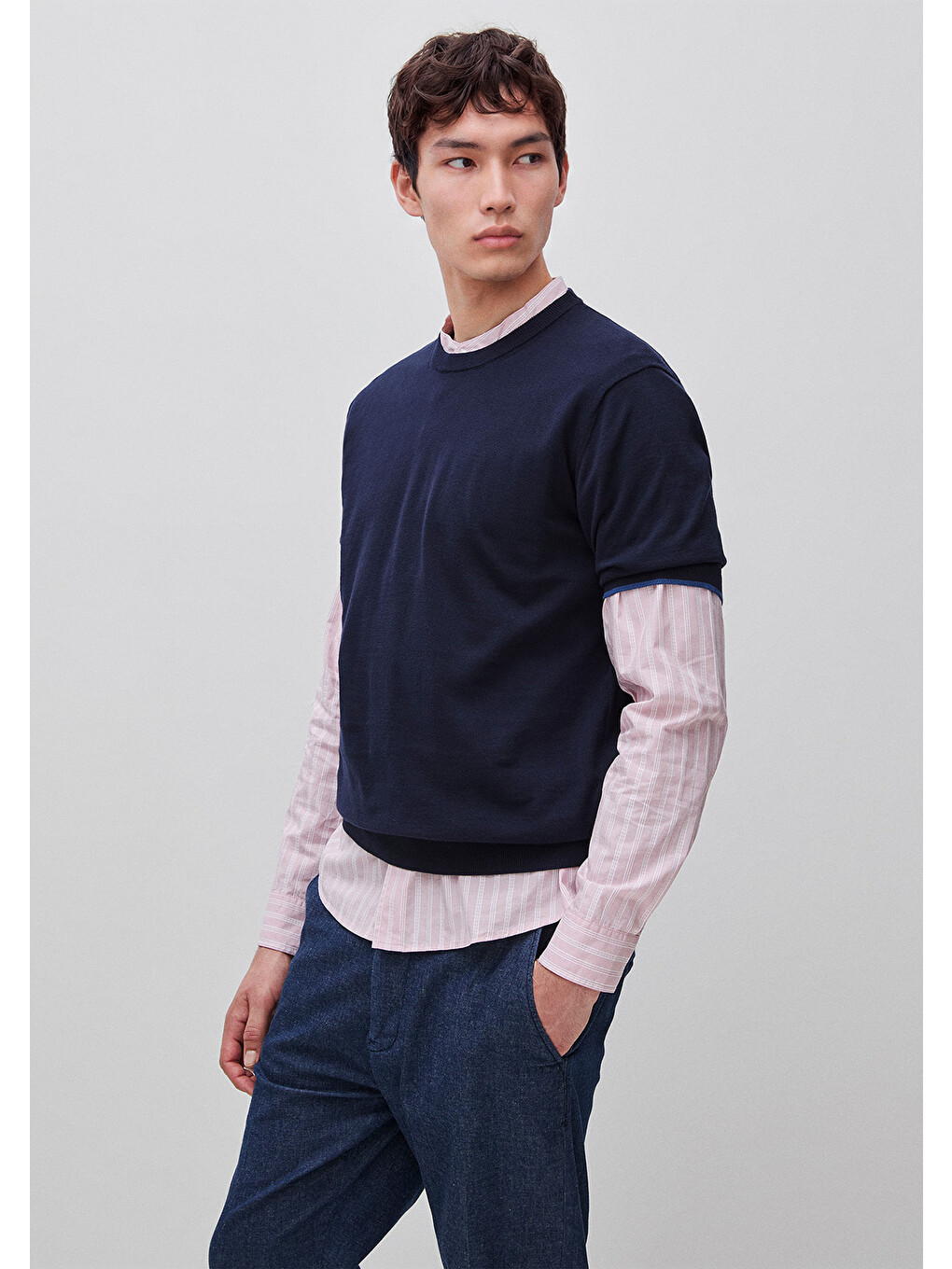 Erkek Lacivert %100 Pamuk Ribanalı Kontrast Detaylı  Triko T-Shirt