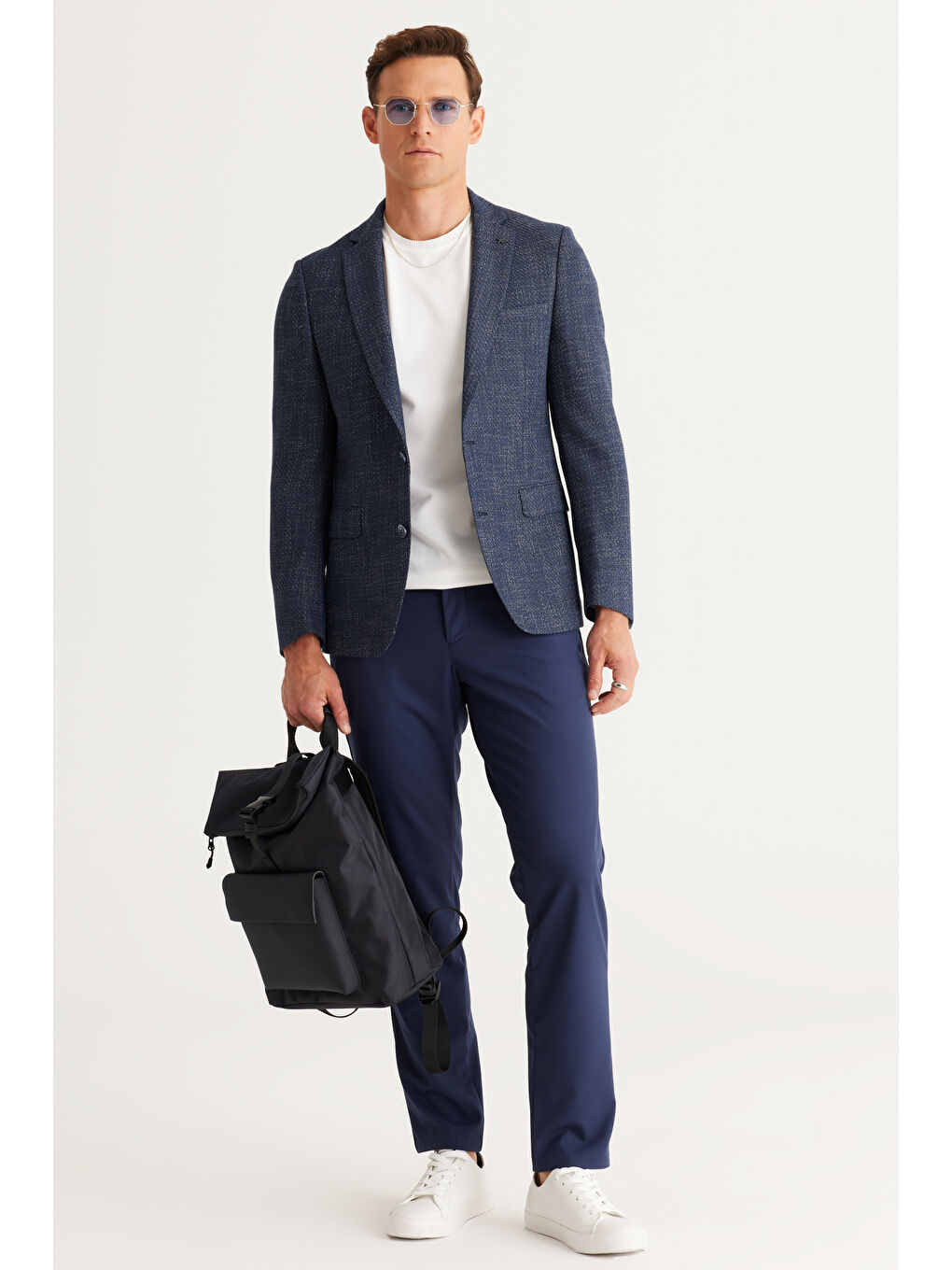 Erkek Lacivert-Beyaz Slim Fit Dar Kesim Mono Yaka Desenli Ceket-3