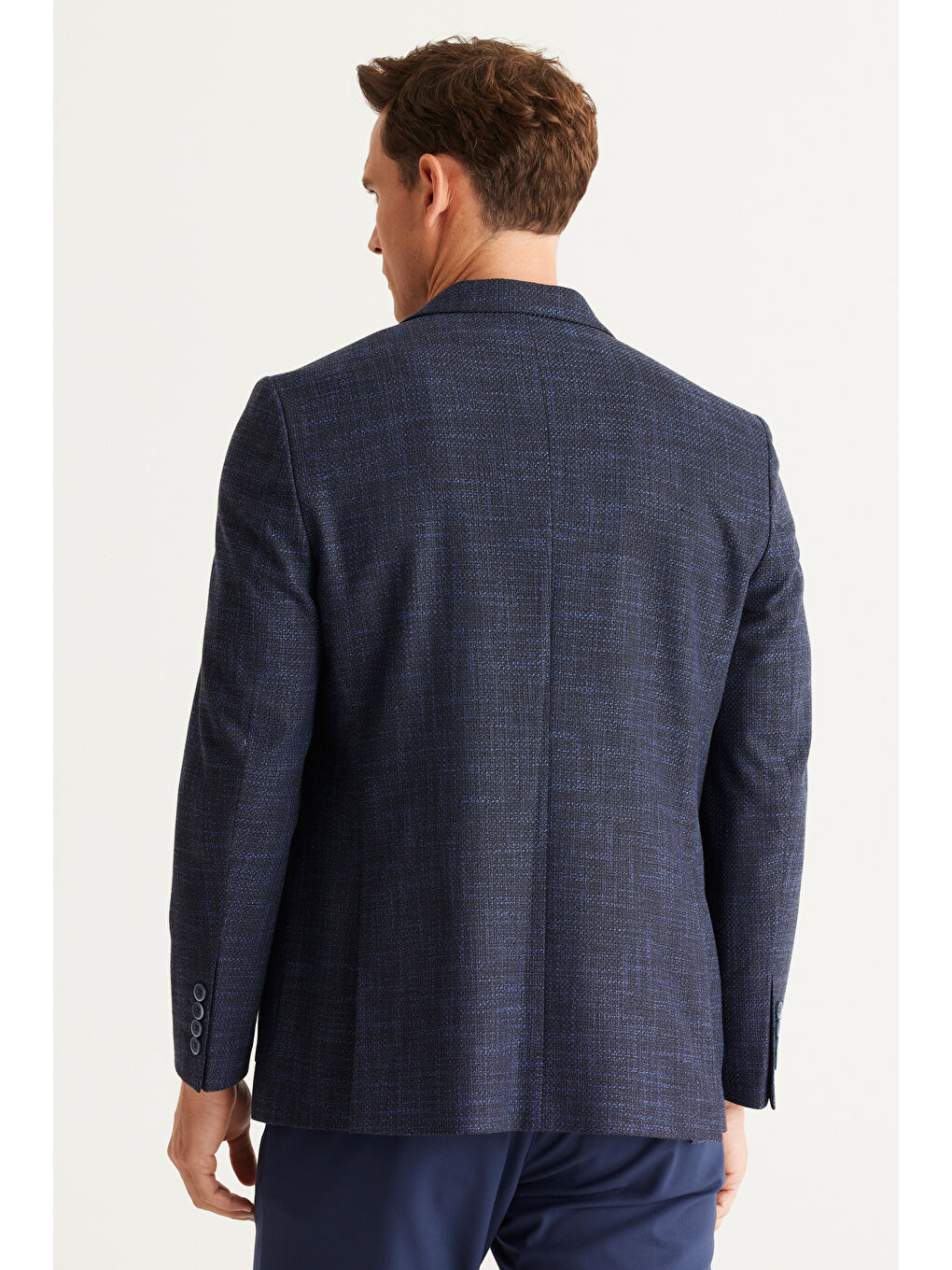 Erkek Lacivert Comfort Fit Rahat Kesim Mono Yaka Desenli Ceket-4