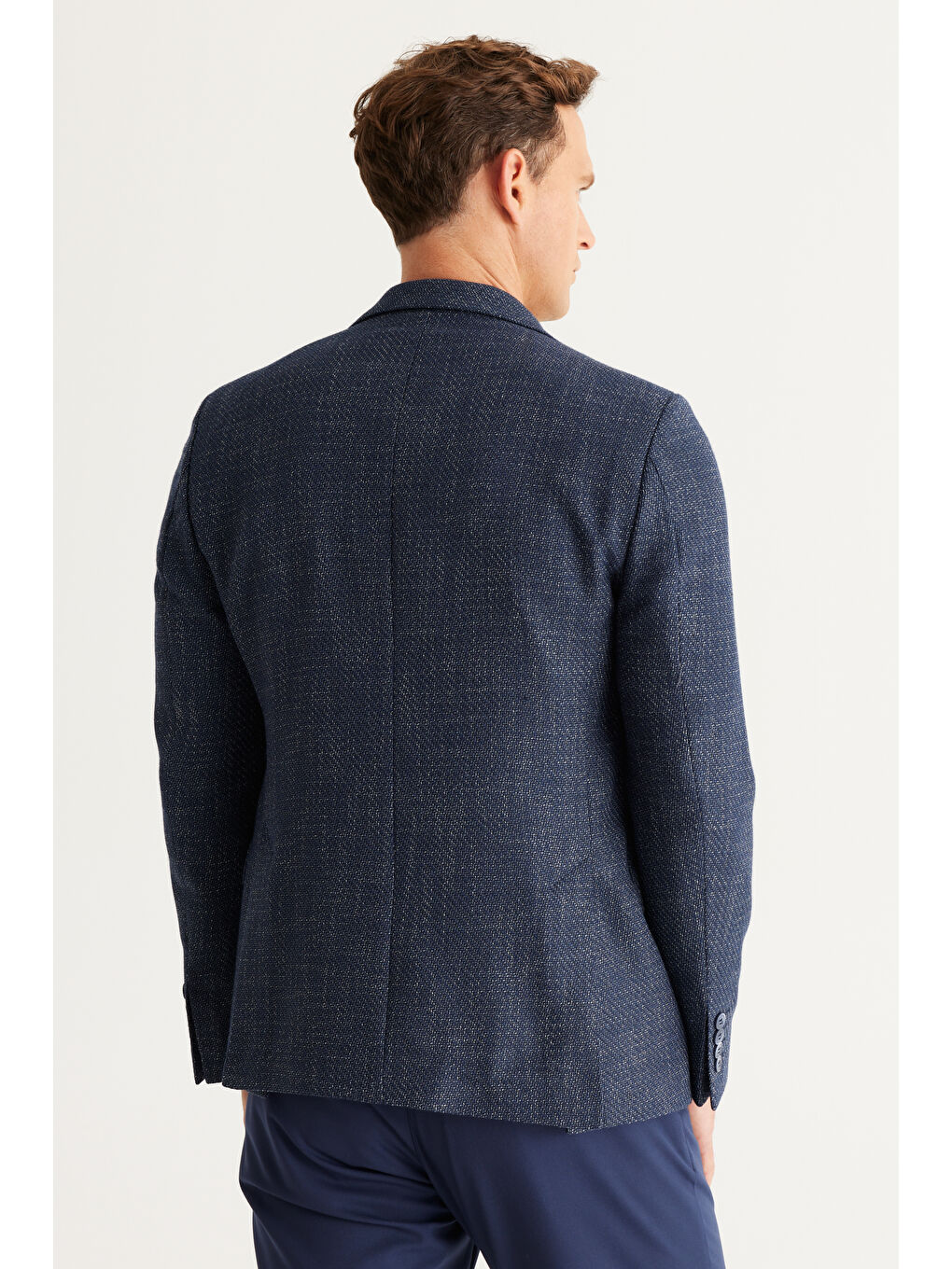 Erkek Lacivert-Beyaz Slim Fit Dar Kesim Mono Yaka Desenli Ceket-4