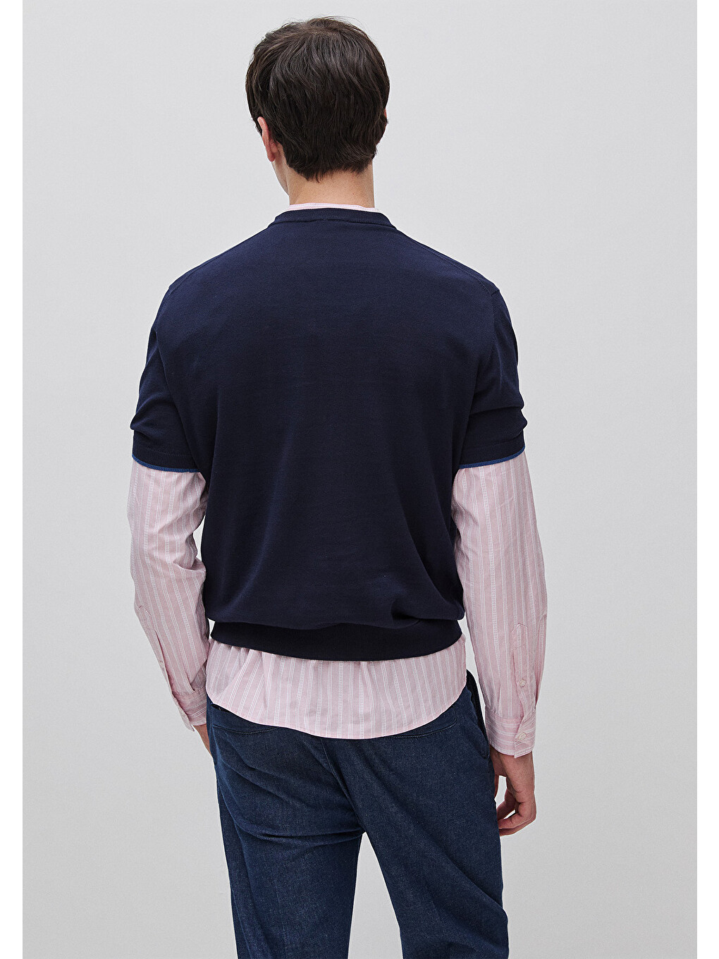 Erkek Lacivert %100 Pamuk Ribanalı Kontrast Detaylı  Triko T-Shirt-1